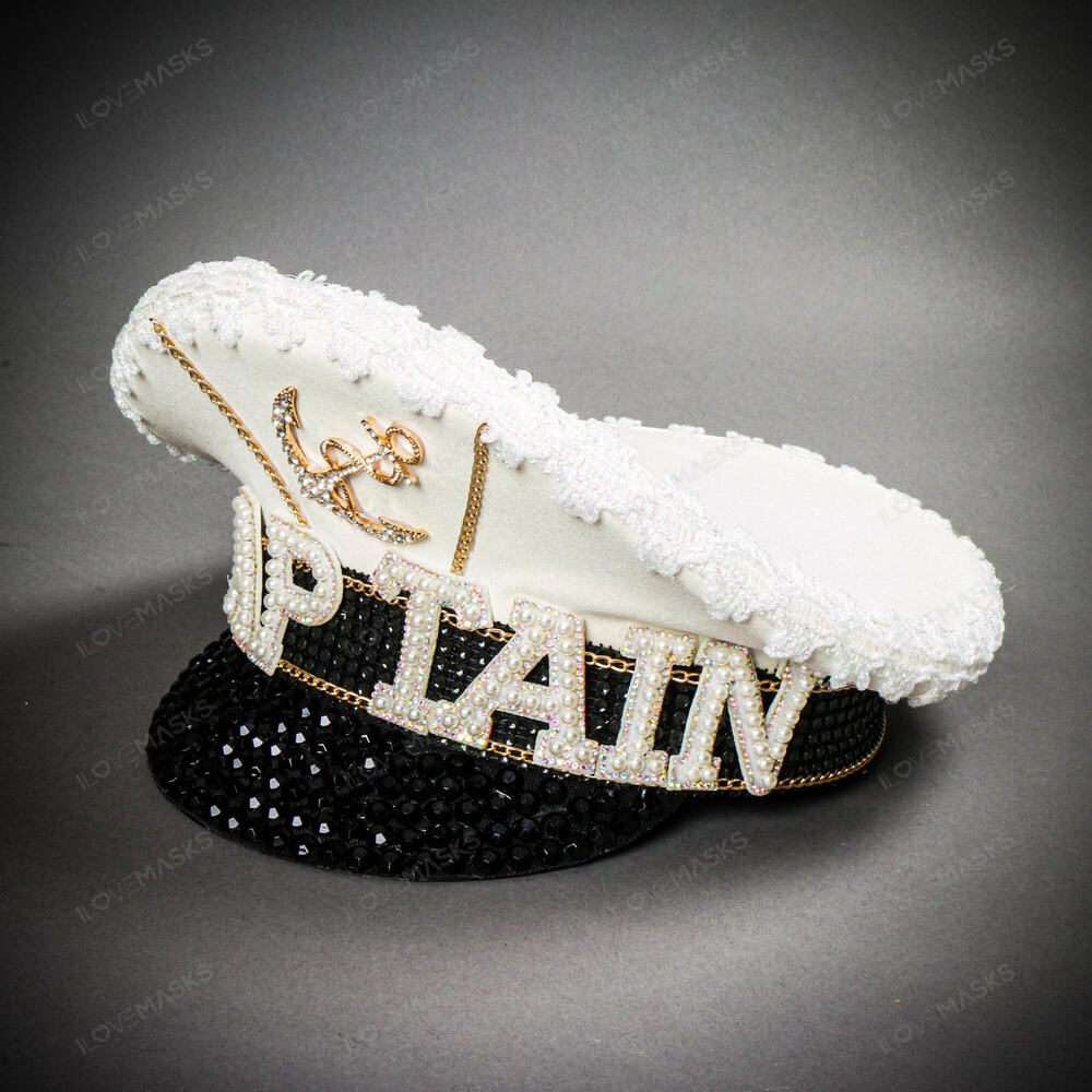 Captain Bling Rhinestone Sailor Hat White & Black Nautical Costume Cap - Picture 1 of 5